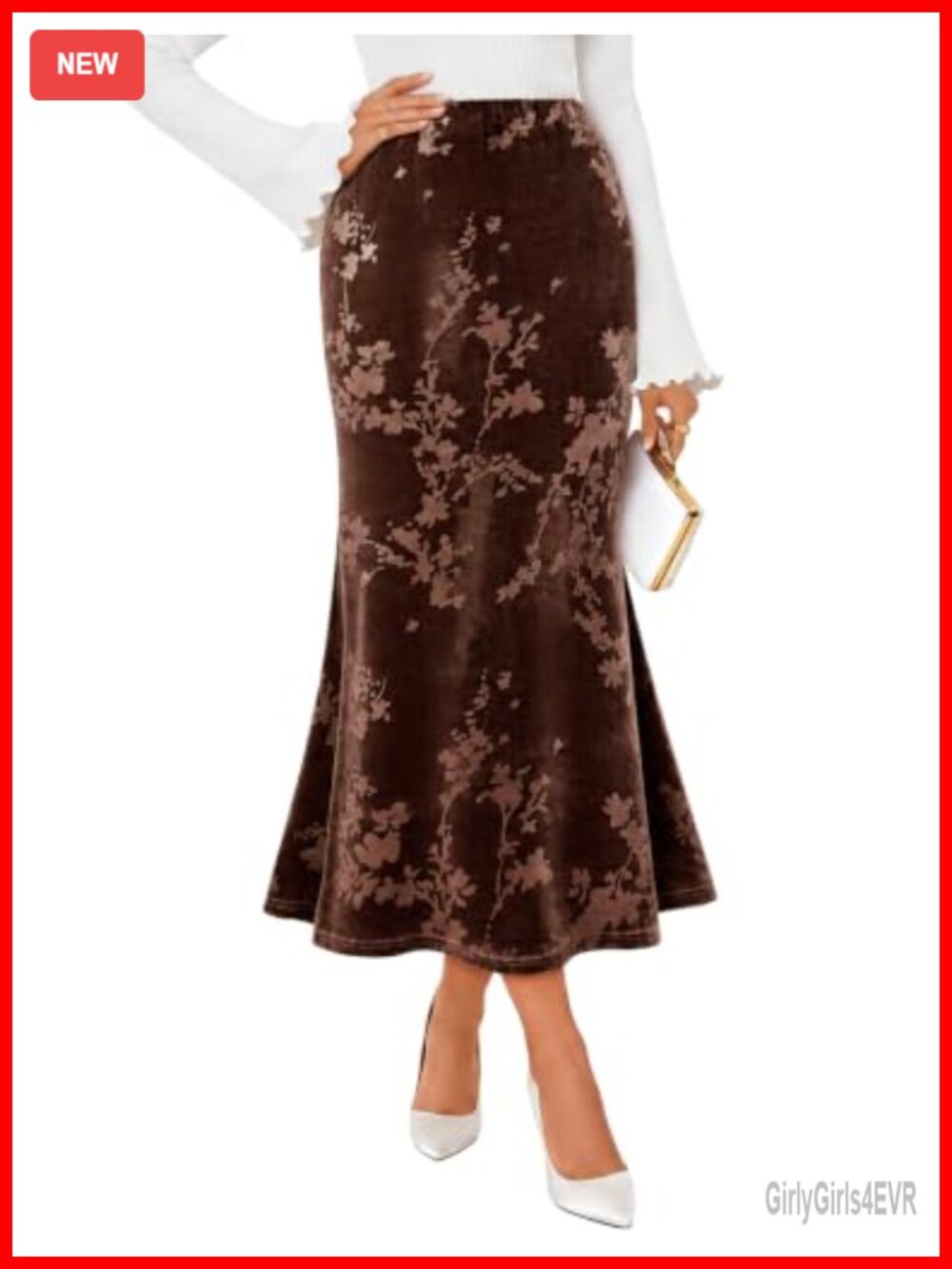 Floral Velvet Maxi Skirt High Waist Mermaid Hem Women's Fall Fashion
